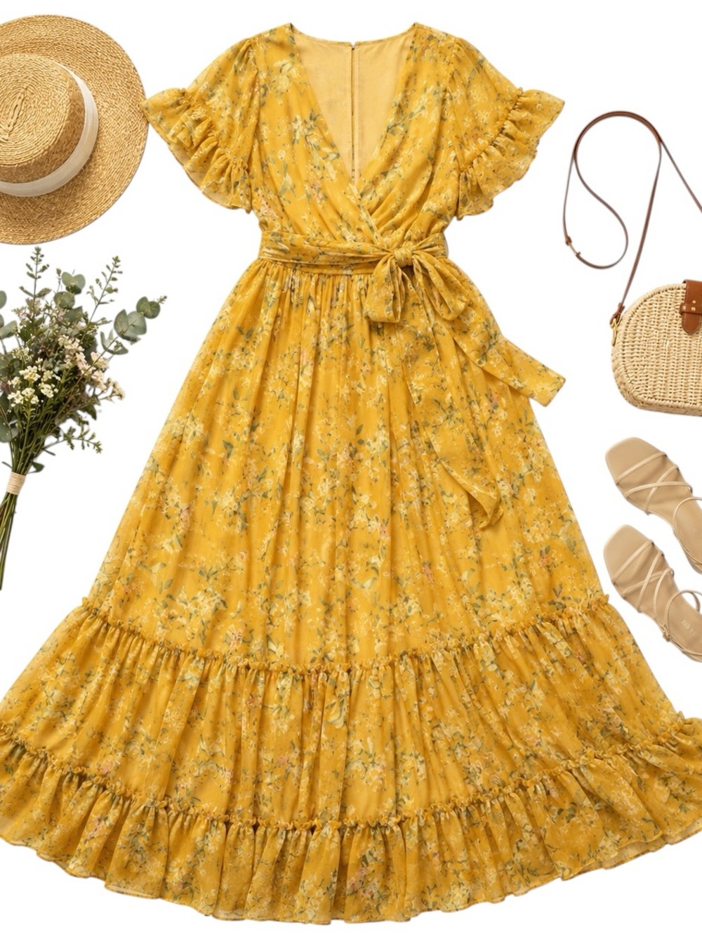 Mac Duggal Yellow Floral Chiffon Ruffle Sleeve Cottagecore Boho Maxi Gown Dress